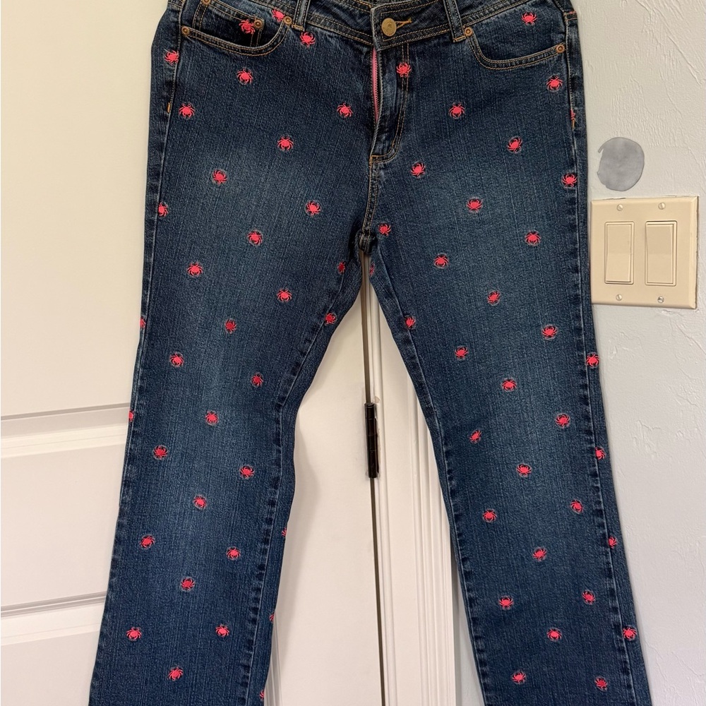 Lilly Pulitzer Dark Wash Skinny Jeans with Pink Embroidered Motifs